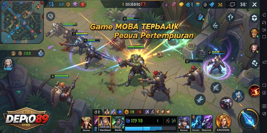Tangkapan layar utama DEPO89 menampilkan aksi gameplay MOBA yang mendebarkan.