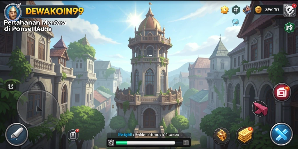 Tampilan gameplay DEWAKOIN99 dengan menara yang melindungi markas dari serangan musuh.