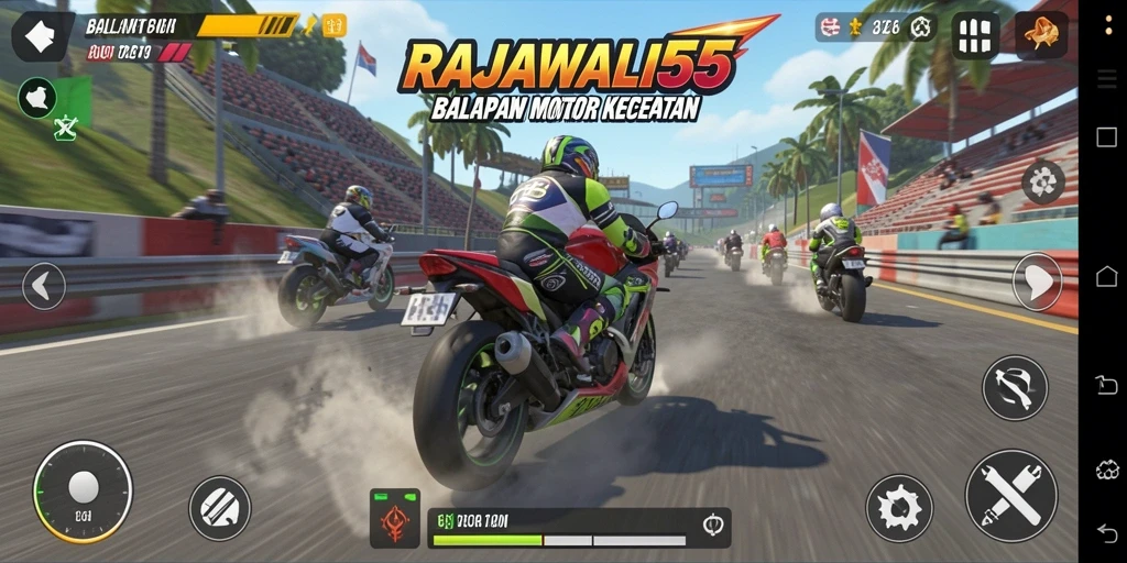 Gameplay seru balapan motor RAJAWALI55 dengan grafis memukau.