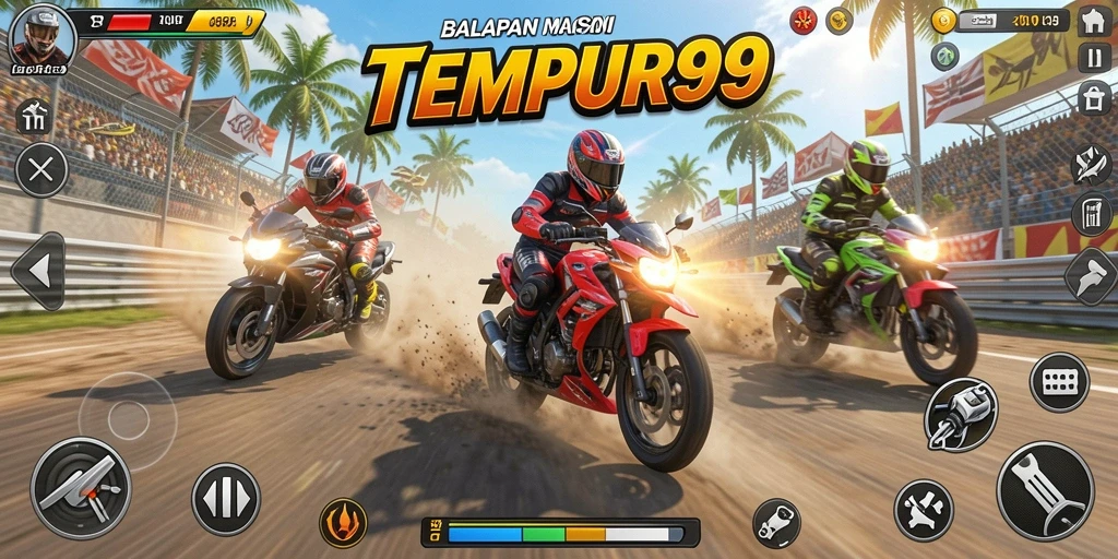 Gameplay seru TEMPUR99 dengan balapan motor yang intens.